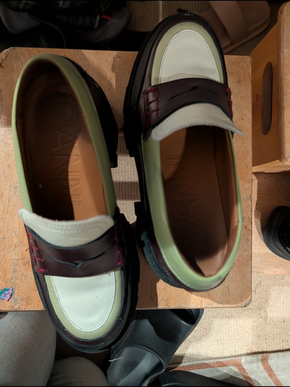 Ganni Triple-Color Chunky Penny Loafers — White, Burgundy & Lime - Picture 4 of 9